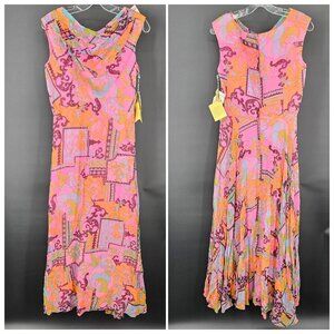 Vintage Elinor Gay Dress Womens 10 Pink Multi Cowl Neck Maxi Rayon 70s NEW Old